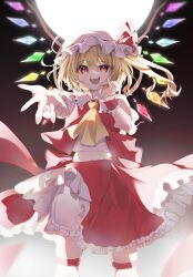 Rule 34 | 1girl, adapted costume, ascot, blonde hair, bloomers, bow, collar, cowboy shot, crystal wings, flandre scarlet, frilled collar, frilled skirt, frills, full moon, hat, hat bow, hayuk0, highres, light, looking at viewer, medium hair, midriff, mob cap, moon, navel, one side up, open mouth, outstretched arm, puffy short sleeves, puffy sleeves, red bow, red skirt, red vest, shirt, short sleeves, skirt, skirt set, slit pupils, smile, solo, standing, teeth, touhou, underwear, upper teeth only, vest, waist bow, white bloomers, white hat, white shirt, wings, yellow ascot