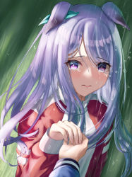 Rule 34 | 1girl, animal ears, blush, commentary request, holding hands, highres, horse ears, horse girl, jacket, jersey, light purple hair, long hair, long sleeves, looking at viewer, meikyousisui731, mejiro mcqueen (umamusume), out of frame, pov, purple eyes, rain, red shirt, shirt, tearing up, tears, track jacket, track suit, umamusume