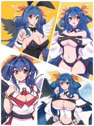 1girl :o angel_wings animal_ears asymmetrical_wings bare_shoulders belt black_bow black_bowtie black_choker black_leotard black_panties blue_hair blush bow bowtie breasts bunny_day center_opening chemaru_(a8l) choker cleavage cleavage_cutout clothing_cutout collarbone covered_erect_nipples covered_navel detached_collar detached_sleeves dizzy_(guilty_gear) fake_animal_ears gluteal_fold guilty_gear guilty_gear_x guilty_gear_xrd guilty_gear_xx hair_between_eyes hair_ribbon hair_rings highleg highleg_leotard highres large_breasts leotard long_hair long_sleeves looking_at_viewer mature_female midriff monster_girl navel open_mouth panties playboy_bunny ponytail puffy_long_sleeves puffy_sleeves rabbit_ears red_eyes revealing_clothes ribbon showgirl_skirt sidelocks simple_background single_hair_ring skindentation skirt sleeveless smile solo stomach sweatdrop tail tail_ornament tail_ribbon thick_thighs thigh_gap thigh_strap thighs twintails underboob underwear very_long_hair wide_sleeves wings wrist_cuffs yellow_background yellow_ribbon