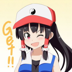 Rule 34 | &gt;;d, 1girl, ;d, alternate costume, ash ketchum, ash ketchum (cosplay), baseball cap, black hair, black shirt, blue vest, cato (monocatienus), cosplay, creatures (company), english text, game freak, hair tubes, hakurei reimu, hat, looking at viewer, nintendo, one eye closed, open mouth, pokemon, pokemon (anime), ponytail, red eyes, red hat, shirt, simple background, sleeveless, smile, solo, touhou, upper body, v-shaped eyebrows, vest, yin yang