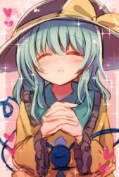 Rule 34 | 1girl, :&lt;, aqua hair, black hat, blouse, blush, buttons, closed eyes, closed mouth, collared shirt, diamond button, eyeball, frilled shirt collar, frilled sleeves, frills, frown, hair between eyes, hat, hat ribbon, heart, heart of string, komeiji koishi, long sleeves, medium hair, own hands clasped, own hands together, pink background, ribbon, rpameri, shirt, solo, third eye, touhou, upper body, wide sleeves, yellow ribbon, yellow shirt