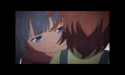 2girls akino_kaede anime_coloring artist_request black_border blue_eyes blue_hair blunt_bangs border casual closed_mouth dot_nose from_behind furrowed_brow game_cg hood hood_down hoodie hug light_blush light_frown long_hair magia_record:_mahou_shoujo_madoka_magica_gaiden mahou_shoujo_madoka_magica medium_hair minami_rena multiple_girls official_art overalls rain red_hair red_hoodie sad shirt upper_body yellow_shirt