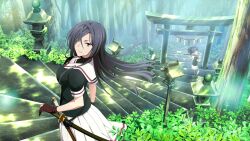 2girls black_hair black_shirt blurry breasts brown_eyes closed_mouth day depth_of_field etou_minato eyes_visible_through_hair floating_hair forest game_cg gloves hair_over_one_eye holding lantern long_hair looking_at_viewer medium_breasts multiple_girls nature non-web_source official_art origami_yukari outdoors partially_fingerless_gloves pleated_skirt renpu_girls_school_uniform_(old_design) school_uniform shirt short_sleeves skirt solo_focus stairs standing sword toji_no_miko toji_no_miko:_kizamishi_issen_no_tomoshibi torii tree v-shaped_eyebrows weapon white_skirt wooden_sword