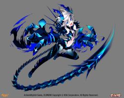 Rule 34 | 1girl, :d, asymmetrical clothes, blue eyes, claws, elsword, full body, horns, hwansang, iblis (elsword), leg lift, legs, long hair, looking at viewer, luciela r. sourcream, official art, open mouth, pointy ears, single pantsleg, smile, solo, tail, tattoo, white hair