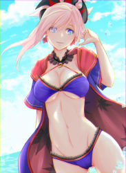 Rule 34 | 1girl, asymmetrical hair, beach, bikini, blue bikini, blue eyes, blue jacket, blue sky, blush, breasts, cleavage, day, detached collar, earrings, fate/grand order, fate (series), hair ornament, highres, hood, hooded jacket, jacket, jewelry, large breasts, leaf print, long hair, looking to the side, magatama, maple leaf print, miyamoto musashi (fate), navel, open clothes, open jacket, pink hair, ponytail, short sleeves, sky, smile, solo, swept bangs, swimsuit, ura komaru