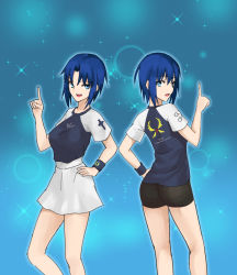 Rule 34 | 1girl, ass, bike shorts, blue eyes, blue hair, ciel (tsukihime), hand on own hip, highres, looking at viewer, multiple views, oceanbellereine, pointing, pointing up, short hair, sketch, skirt, smile, tsukihime, type-moon, white skirt