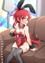 Rule 34 | 1girl, absurdres, anger vein, animal ears, arm support, bare shoulders, blurry, blurry background, blush, commentary request, couch, covered navel, detached collar, dot nose, fake animal ears, feet out of frame, hair over eyes, highres, lamp, lamppost, leg tattoo, leotard, looking at viewer, magia record: mahou shoujo madoka magica gaiden, mahou shoujo madoka magica, nakadaira0328, on couch, ponytail, red eyes, red hair, sakura kyoko, sitting, sleeveless, solo, strapless, strapless leotard, tattoo, thighhighs, tsurime, wavy mouth, wrist cuffs