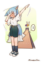 Rule 34 | 1girl, ah zhong (mountain han), ahoge, animal ears, ball, black socks, blue footwear, blue hair, blush, bowling, bowling ball, bowling pin, bracelet, chinese text, dab (dance), ears down, closed eyes, failure, fox ears, fox tail, full-face blush, green shorts, jewelry, long hair, mountain han, multiple tails, original, shoes, shorts, signature, socks, solo, standing, tail, tearing up, translation request, two side up