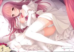 Rule 34 | 1girl, absurdres, bed, breast slip, breasts, bridal gauntlets, brown eyes, cleavage, covering privates, covering crotch, dress, elbow gloves, female focus, gloves, highres, huge filesize, imouto no katachi, lace, lace-trimmed legwear, lace trim, long hair, looking at viewer, lying, mutou kurihito, nipples, on side, one breast out, panties, pink hair, sena miyuki, shoes, solo, thighhighs, underwear, wedding dress, white panties, white thighhighs