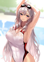 Rule 34 | 1girl, algerie (azur lane), alternate costume, arm behind head, arms up, azur lane, blurry, blurry background, breasts, competition swimsuit, covered erect nipples, covered navel, drill hair, eyewear on head, grey hair, large breasts, long hair, looking at viewer, mole, mole under eye, multicolored clothes, multicolored swimsuit, nipples, one-piece swimsuit, outdoors, purple eyes, see-through, see-through swimsuit, skin tight, solo, sunglasses, swimsuit, taut clothes, taut swimsuit, twin drills, unfinished, very long hair, white one-piece swimsuit, yoshiku (oden-usagi)