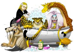 Rule 34 | 1girl, 4boys, animal ears, animal print, bath, black hair, blonde hair, bubble, enies lobby, giraffe, giraffe tail, glasses, jabra (one piece), kaku (one piece), kalifa (one piece), kumadori (one piece), leopard, leopard print, leopard tail, mixed-sex bathing, multiple boys, one piece, orange hair, rob lucci, rubber duck, shampoo, shared bathing, sponge, tail, wet, white hair, wolf, wolf tail