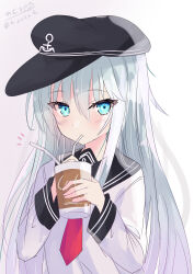 Rule 34 | 1girl, absurdres, anchor symbol, black hat, black sailor collar, blue eyes, blush, drink, drinking straw, drinking straw in mouth, flat cap, hair between eyes, hat, hibiki (kancolle), highres, hizaka, holding, holding drink, kantai collection, long hair, long sleeves, neckerchief, one-hour drawing challenge, red neckerchief, sailor collar, school uniform, serafuku, signature, simple background, solo, twitter username, upper body, white background, white hair
