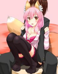 Rule 34 | 10s, 1boy, 1girl, animal ears, black legwear, blush, bra, breasts, casual, cleavage, collarbone, fate/extra, fate (series), fox ears, fox tail, kishinami hakuno (male), large breasts, looking at viewer, official alternate costume, open clothes, open mouth, open shirt, pink bra, pink hair, shirt, sitting, tail, tamamo no mae (fate/extra), tamamo no mae (spring casual) (fate), totororo, underwear, yellow eyes