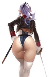 Rule 34 | 1girl, ass, back, cropped jacket, elf, female focus, from behind, gloves, hand on own hip, highres, hip focus, houtengeki, huge ass, kneepits, leaning forward, leotard, long sleeves, original, pointy ears, ponytail, purple hair, rapier, sheath, sidelocks, simple background, solo, sword, thick thighs, thighhighs, thighs, weapon, white background, white gloves, white thighhighs, wide hips