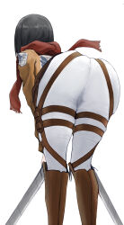 Rule 34 | 1girl, absurdres, ass, ass focus, belt, bent over, black hair, boots, commentary request, dual wielding, emblem, from behind, highres, holding, jacket, lower body, mikasa ackerman, momaetoto, paradis military uniform, red scarf, scarf, shingeki no kyojin, simple background, solo, survey corps (emblem), sword, thigh strap, thighs, weapon, white background