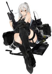 Rule 34 | 1girl, aai corporation, airtronic usa, artist name, assault rifle, bare shoulders, black footwear, black jacket, black shirt, boots, breasts, brown eyes, colt&#039;s manufacturing company, colt defense, commission, diemaco, explosive, expressionless, full body, girls&#039; frontline, grenade, grenade launcher, gun, hair between eyes, hair ornament, hairclip, heterochromia, highres, holding, holding gun, holding weapon, jacket, unworn jacket, jewelry, knight&#039;s armament company, lewis machine and tool company, long hair, looking at viewer, m16, m16a1, m203, mechanical arms, mechanical legs, medallion, necklace, off-shoulder shirt, off shoulder, on floor, open mouth, original, pixiv commission, ponytail, red eyes, rifle, rm equipment, scar, scar across eye, scar on face, shirt, silver hair, single mechanical arm, single mechanical leg, solo, sutekina awa, thighs, u.s. ordnance, underbarrel grenade launcher, weapon, weapon case, white background