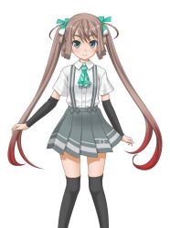 Rule 34 | 10s, 1girl, arm warmers, asagumo (kancolle), ascot, black thighhighs, brown hair, dress shirt, gradient hair, grey eyes, hair ribbon, highres, kantai collection, long hair, multicolored hair, multiple girls, pleated skirt, ribbon, school uniform, shirt, simple background, skirt, smile, solo, suspenders, t2r, thighhighs, twintails