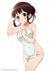 Rule 34 | 1girl, 2016, absurdres, artist name, blunt bangs, blush, breasts, brown hair, closed mouth, collarbone, commentary request, covered navel, covering privates, cowboy shot, dated, gochuumon wa usagi desu ka?, green eyes, groin, hair bun, hand in own hair, highres, holding, holding towel, large breasts, looking at viewer, naked towel, neki (wakiko), short hair, short hair with long locks, sidelocks, simple background, single hair bun, smile, solo, standing, towel, twitter username, ujimatsu chiya, white background, white towel