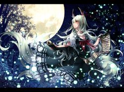 Rule 34 | 1girl, absurdly long hair, breasts, cleavage, dress, ex-keine, fireflies, full moon, green dress, highres, horn ornament, horn ribbon, horns, kamishirasawa keine, large breasts, letterboxed, long hair, moon, neckerchief, night, puffy sleeves, red eyes, ribbon, scroll, shirt, short sleeves, silver hair, sky, solo, star (sky), starry sky, touhou, toutenkou, tree, very long hair