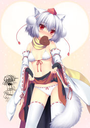 Rule 34 | 2girls, absurdres, animal ears, blush, bow, bow panties, bra, breasts, bridal gauntlets, camera, chocolate, clothes lift, detached sleeves, fang, female focus, hat, highres, inubashiri momiji, lifted by self, lingerie, looking at viewer, mouth hold, multiple girls, no shirt, panties, red eyes, scarf, shameimaru aya, short hair, skirt, skirt lift, small breasts, solo focus, tail, thighhighs, tokin hat, touhou, underwear, valentine, white bra, white hair, white legwear, white panties, wolf ears, wolf tail, wolflong