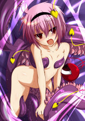 Rule 34 | 1girl, arched back, arm support, blush, breasts, completely nude, covering privates, covering breasts, creature, empty eyes, eyeball, female focus, fumihiro, hairband, heart, highres, komeiji satori, leaning forward, nude, nude cover, open mouth, pink hair, pussy juice, red eyes, short hair, small breasts, solo, tears, tentacles, third eye, touhou