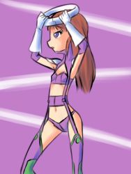 Rule 34 | 1girl, bra, breasts, brown hair, cosplay, crotch seam, digimon, digimon frontier, digimon tamers, drantyno, fairimon, fairimon (cosplay), gloves, halo, long hair, makino ruki, navel, open mouth, panties, purple bra, purple eyes, purple hair, purple panties, purple thighhighs, small breasts, standing, thighhighs, underwear, white gloves