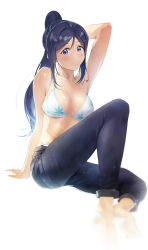 Rule 34 | 1girl, alternate costume, arm behind head, arm support, barefoot, blue hair, blush, breasts, denim, highres, jeans, knee up, large breasts, long hair, looking at viewer, love live!, love live! school idol project, love live! sunshine!!, matsuura kanan, pants, ponytail, purple eyes, redame, smile, solo, white background