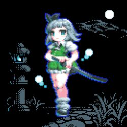 Rule 34 | 1girl, black footwear, black ribbon, blue eyes, blue outline, closed mouth, collared shirt, commentary request, expressionless, fighting stance, flat chest, frilled skirt, frills, full body, green skirt, green vest, grey hair, hair ribbon, highres, holding, holding sword, holding weapon, katana, konpaku youmu, looking at viewer, medium bangs, outline, pixel art, ready to draw, ribbon, shirt, shoes, short hair, skirt, skirt set, solo, standing, stone lantern, sword, tonchamon san, touhou, vest, weapon, white shirt