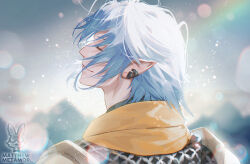 Rule 34 | 1boy, armor, artist name, blue background, blue hair, chainmail, closed eyes, commentary, earclip, elezen, elf, final fantasy, final fantasy xiv, from behind, hair between eyes, haurchefant greystone, light particles, male focus, matthewmetamor, pointy ears, portrait, profile, short hair, smile, solo, watermark