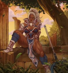 Rule 34 | 1girl, armor, armored boots, boots, column, commission, commissioner upload, dark-skinned female, dark skin, fire emblem, fire emblem engage, gauntlets, grass, greaves, highres, leg up, lewdpala, looking at viewer, muscular, muscular female, naked armor, nintendo, no panties, pelvic curtain, pillar, ponytail, saphir (fire emblem), sitting, solo, steam, sunset, sweat, thick thighs, thighs, tree, white hair