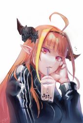 1girl, absurdres, ahoge, alternate costume, bangs, black jacket, blonde hair, bow, bubble tea challenge, cup, dragon girl, dragon horns, drinking straw, eyebrows visible through hair, hand on own face, head rest, headband, highlights, highres, hololive, horn bow, horns, jacket, kiryuu coco, long hair, long sleeves, looking at viewer, mr.holmes, multicolored, multicolored eyes, multicolored hair, orange hair, pointy ears, purple eyes, red eyes, signature, simple background, slit pupils, solo, streaked hair, striped, striped bow, track suit, virtual youtuber, white background