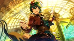 Rule 34 | 1boy, aqua eyes, buttons, crystal, ensemble stars!, gears, gloves, green hair, hair between eyes, happy elements, hat, heterochromia, holding, holding key, kagehira mika, key, long sleeves, microphone, official art, open mouth, pocket watch, short hair, solo, teeth, third-party source, upper body, upper teeth only, watch, window, yellow eyes
