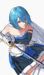 Rule 34 | 1girl, absurdres, belt, belt buckle, blue eyes, blue hair, buckle, cape, cutlass, detached sleeves, fortissimo, gloves, grimace, hair ornament, hands on hilt, highres, holding, holding sword, holding weapon, looking at viewer, magical girl, mahou shoujo madoka magica, mahou shoujo madoka magica (anime), mahou shoujo madoka magica movie 1 &amp; 2, miki sayaka, musical note, musical note hair ornament, nzenzenzenze, saber (weapon), short hair, sleeveless, solo, sword, teeth, torn cape, torn clothes, weapon, white cape, white gloves