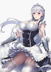 Rule 34 | 1girl, apron, azur lane, belfast (azur lane), blue eyes, blush, braid, breasts, chain, cleavage, closed mouth, clothes lift, collar, collarbone, cuboon, dated, dress, dress lift, dutch angle, elbow gloves, french braid, frilled gloves, frills, garter straps, gauntlets, gloves, grey background, large breasts, long hair, looking at viewer, maid, maid headdress, panties, pantyshot, sidelocks, silver hair, simple background, smile, solo, sweat, thighhighs, thighs, twitter username, underwear, white gloves, white panties, white thighhighs