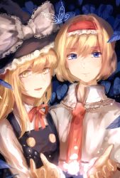Rule 34 | 2girls, alice margatroid, bad id, bad pixiv id, blonde hair, blue eyes, bow, capelet, hair bow, hat, highres, kirisame marisa, leaf, light particles, long hair, looking at viewer, meng ziya, multiple girls, neck ribbon, necktie, ribbon, short hair, smile, touhou, witch hat, yellow eyes