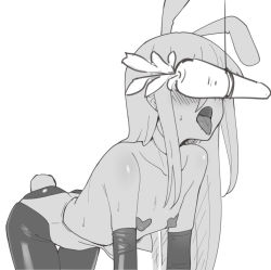 Rule 34 | 1girl, all fours, animal ears, blush, carrot, covered eyes, elbow gloves, fake animal ears, fake tail, flat chest, gloves, greyscale, heart pasties, leotard, long hair, monochrome, ohlia, open mouth, pantyhose, pasties, playboy bunny, rabbit ears, shakugan no shana, shana, simple background, solo, tail, tongue, tongue out, very long hair, white background