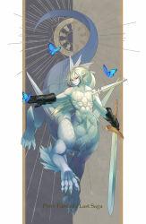 Rule 34 | 1boy, blonde hair, brown background, bug, butterfly, centauroid, claws, closed mouth, colored eyelashes, colored skin, full body, gauntlets, hand up, highres, holding, holding sword, holding weapon, impaled, insect, ketaru, long hair, looking at viewer, male focus, monster boy, nude, original, pixiv fantasia, pixiv fantasia last saga, pointy ears, polearm, red eyes, slit pupils, smile, solo, spear, spines, sword, taur, weapon, white skin