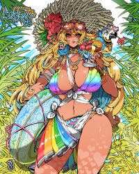 Rule 34 | 1girl, bead necklace, beads, bikini, bird, blonde hair, blue eyes, breasts, collarbone, commission, dark-skinned female, dark skin, flower, hair flower, hair ornament, hat, heart, heart print, highres, jewelry, kafun, large breasts, long hair, mole, mole on breast, nail polish, navel, necklace, original, parrot, solo, straw hat, swimsuit, thick thighs, thighs, very long hair