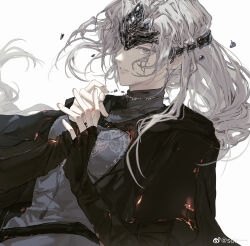 Rule 34 | 1girl, black cloak, chinese commentary, cloak, commentary request, crying, crying with eyes open, dark souls (series), dark souls iii, expressionless, fire keeper, floating hair, grey eyes, grey hair, grey shirt, hands up, highres, long hair, mask, niutoutou, one eye covered, own hands together, parted lips, shirt, simple background, sleeves past wrists, solo, tears, turtleneck, upper body, weibo logo, weibo watermark, white background