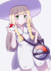 Rule 34 | &gt;:(, 1girl, bag, baka (080127), bare arms, blonde hair, blunt bangs, blush, braid, collared dress, commentary request, cowboy shot, creatures (company), dress, duffel bag, frown, game freak, graphite (medium), green eyes, hand on own hip, hat, holding, holding poke ball, lillie (pokemon), long hair, nintendo, poke ball, poke ball (basic), poke ball theme, pokemon, pokemon sm, see-through, shoulder bag, simple background, sleeveless, sleeveless dress, solo, sun hat, sundress, traditional media, twin braids, v-shaped eyebrows, white background, white dress, white hat