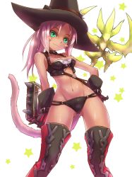 Rule 34 | 10s, 1girl, breasts, cat tail, cleavage, final fantasy, final fantasy xiv, gloves, hand on own hip, hat, highres, looking at viewer, miqo&#039;te, navel, pink hair, solo, stomach, tail, thighhighs, tsukigami chronica, witch hat