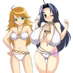 Rule 34 | 2girls, :t, bell, belly chain, bikini, blush, breast envy, breasts, breasts squeezed together, brown eyes, chain belt, cleavage, cowbell, double v, earrings, female focus, grabbing, grabbing another&#039;s breast, green eyes, hoop earrings, hoshii miki, huge breasts, idolmaster, idolmaster (classic), jealous, jewelry, midriff, miura azusa, multiple girls, nira, one eye closed, simple background, smile, swimsuit, v, wink