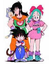Rule 34 | 1girl, 2boys, :d, belt, belt pouch, black hair, blue eyes, bow, braid, bulma, cat, clothes writing, crossed arms, dragon ball, dress, eye contact, full body, green hair, hair bow, hair ribbon, hands on own hips, long hair, looking at another, monkey tail, multiple boys, open mouth, pouch, puar, ribbon, shoes, simple background, sketch, sleeveless, smile, sneakers, socks, son goku, spiked hair, staff, standing, tail, wakame (poly6), watch, white background, wristband, yamcha