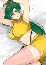 Rule 34 | 1girl, absurdres, armpits, arms up, blush, breasts, cleavage, cosplay, cowboy bebop, faye valentine, faye valentine (cosplay), fire emblem, fire emblem: the blazing blade, green eyes, green hair, hairband, high ponytail, highres, large breasts, long hair, looking at viewer, lying, lyn (fire emblem), navel, nintendo, on side, ormille, parted lips, ponytail, solo, sweat, thighhighs, white background, yellow hairband