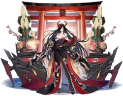 Rule 34 | 1girl, alternate costume, artist request, azur lane, black footwear, black hair, black kimono, black pantyhose, breast hold, breasts, cleavage, closed eyes, collarbone, crossed arms, feather trim, floating hair, flower, folding fan, friedrich der grosse (azur lane), friedrich der grosse (dark raiments of gagaku) (azur lane), full body, geta, grin, hair flower, hair ornament, hair over one eye, hand fan, highres, horn ornament, horns, japanese clothes, kadomatsu, kimono, large breasts, long hair, long sleeves, looking at viewer, multiple views, nail polish, new year, off shoulder, official alternate costume, official art, pantyhose, platform footwear, rigging, ripples, smile, spider lily, standing, straight hair, torii, transparent background, water, wide sleeves, yellow eyes