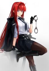 1girl absurdres aozaki_aoko black_footwear black_gloves black_jacket black_skirt blue_eyes blush boots breasts brown_pantyhose c.i.e.l_(fate) ciel_(tsukihime) ciel_(tsukihime)_(cosplay) collared_shirt cosplay cuffs fate/grand_order fate_(series) gloves hair_intakes handcuffs high_heel_boots high_heels highres jacket jacket_on_shoulders knee_boots large_breasts long_hair looking_at_viewer mahou_tsukai_no_yoru necktie pantyhose red_hair shirt sidelocks skirt sleeves_rolled_up smile solo thighs white_shirt yotsutsu428