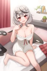 Rule 34 | 1girl, absurdres, bed, black hair, black mask, black thighhighs, blush, breasts, camisole, cleavage, commentary request, fang, grey hair, hair ornament, highres, hololive, large breasts, looking at viewer, mask, unworn mask, medium hair, multicolored hair, open mouth, pillow, pleated skirt, red eyes, red skirt, ribbon, sakamata chloe, skirt, unworn skirt, streaked hair, stuffed animal, stuffed toy, thighhighs, unworn thighhighs, virtual youtuber, white camisole, x hair ornament, yukiunag1