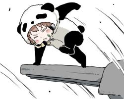 Rule 34 | 10s, 1girl, animal costume, bad id, bad twitter id, blush stickers, boom microphone, cannon, commentary request, closed eyes, gomennasai, greeting life 2009 panda calendar, headgear, jumping, kantai collection, lowres, panda costume, solo, tail, yukikaze (kancolle)