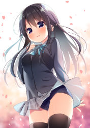 Rule 34 | 1girl, black hair, black jacket, blazer, blue bow, blue one-piece swimsuit, blush, bow, breasts, commentary request, grey skirt, hair between eyes, hanamiya natsuka, jacket, long hair, long sleeves, medium breasts, old school swimsuit, one-piece swimsuit, one side up, original, parted lips, petals, plaid, plaid skirt, pleated skirt, purple eyes, school swimsuit, school uniform, skirt, sleeves past wrists, solo, swimsuit, swimsuit under clothes, very long hair