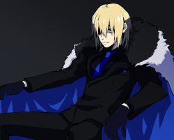 Rule 34 | 1boy, bags under eyes, black gloves, black suit, blonde hair, blue cape, blue neckwear, cape, dimitri alexandre blaiddyd, eyepatch, fire emblem, fire emblem: three houses, formal, fur cape, fur trim, gloves, looking at viewer, male focus, medium hair, nintendo, no ra ici, aged up, parted lips, reclining, shaded face, sitting, solo, suit